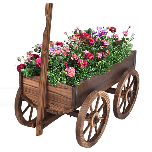 Wood Wagon Planter Pot Stand with Wheels, Natural