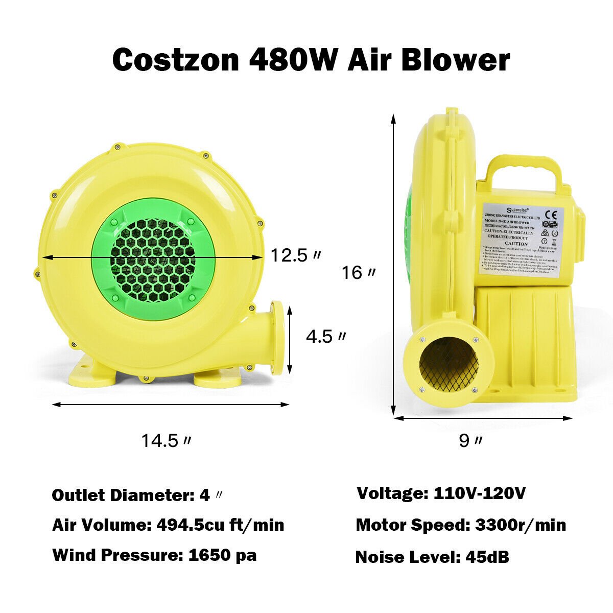 480 W 0.6 HP Air Blower Pump Fan for Inflatable Bounce House, Yellow at Gallery Canada