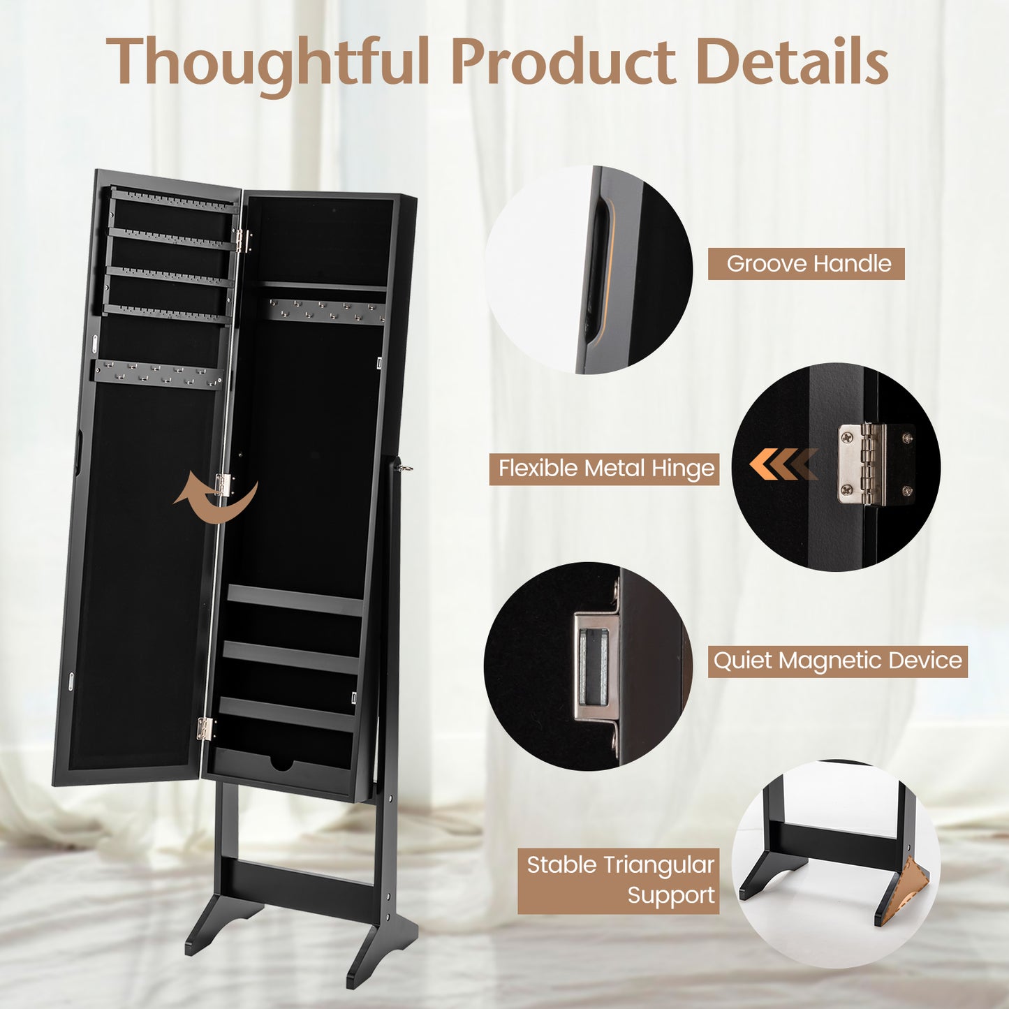 New Mirrored Jewelry Cabinet Armoire Mirror Organizer Storage Box Ring w/ Stand, Black Jewelry Armoires at Gallery Canada