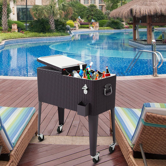 80QT Outdoor Party Portable Rattan Rolling Cooler Cart, Brown Patio Bar Furniture Brown at Gallery Canada