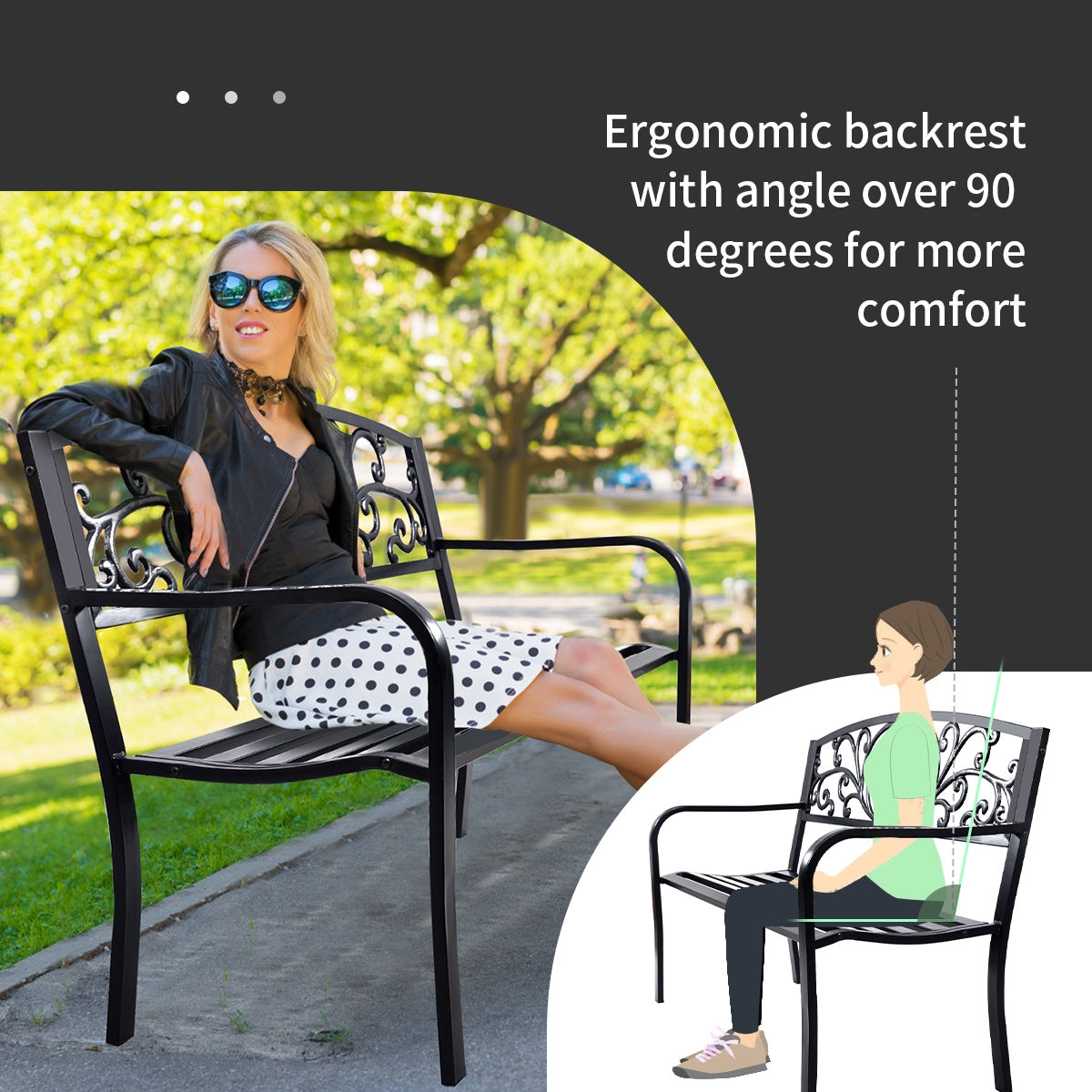 50 Inch Steel Frame Cast Iron Backrest Bench, Black Outdoor Benches at Gallery Canada