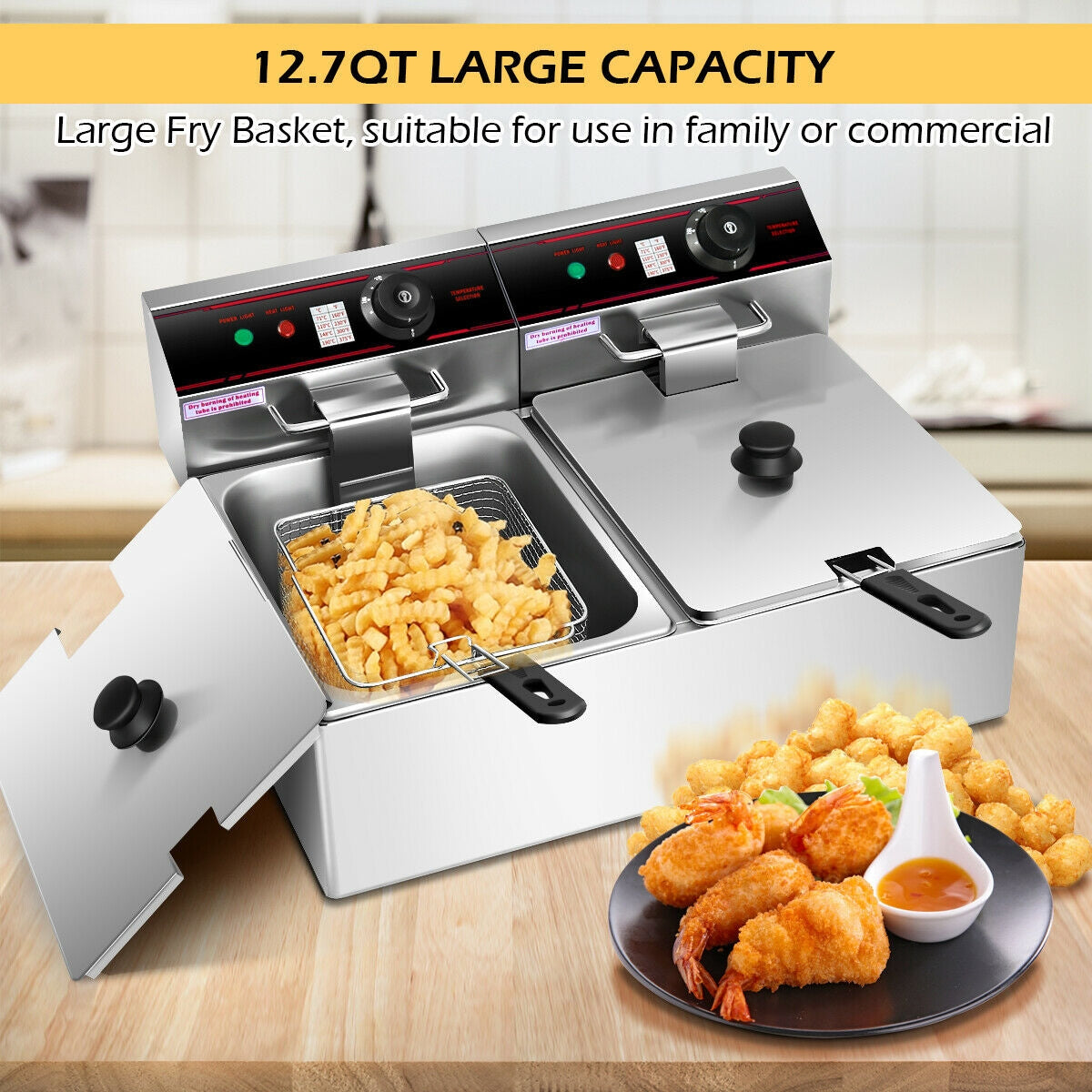 3400W Dual Tank Electric Countertop Deep Fryer, Silver