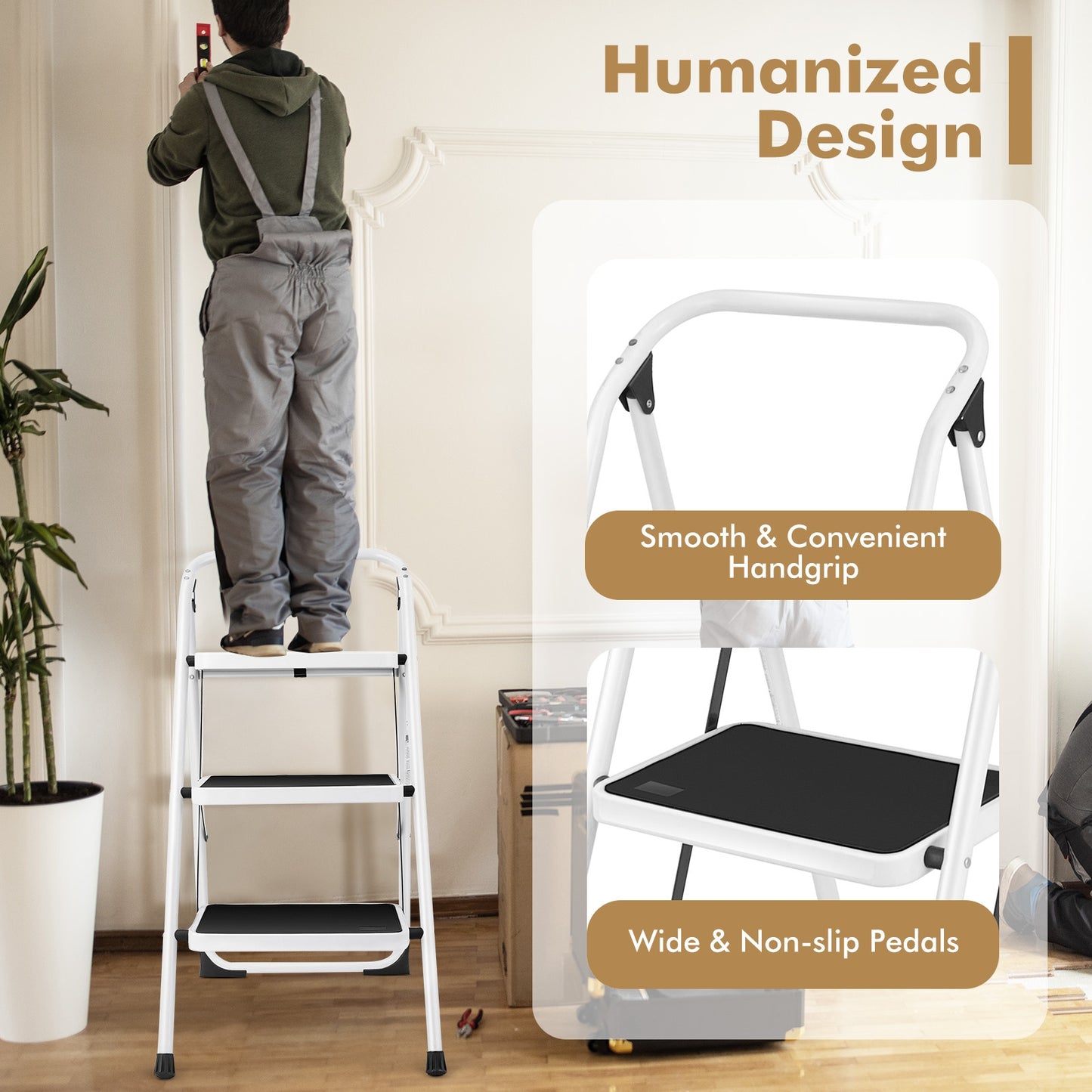 Folding 3-Step Ladder, Handgrip, Anti-Slip Platform, White Ladders at Gallery Canada