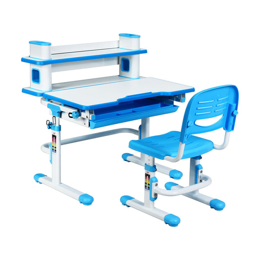Adjustable Kids Desk and Chair Set with Bookshelf and Tilted Desktop, Blue