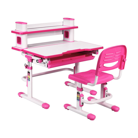 Adjustable Kids Desk and Chair Set with Bookshelf and Tilted Desktop, Pink