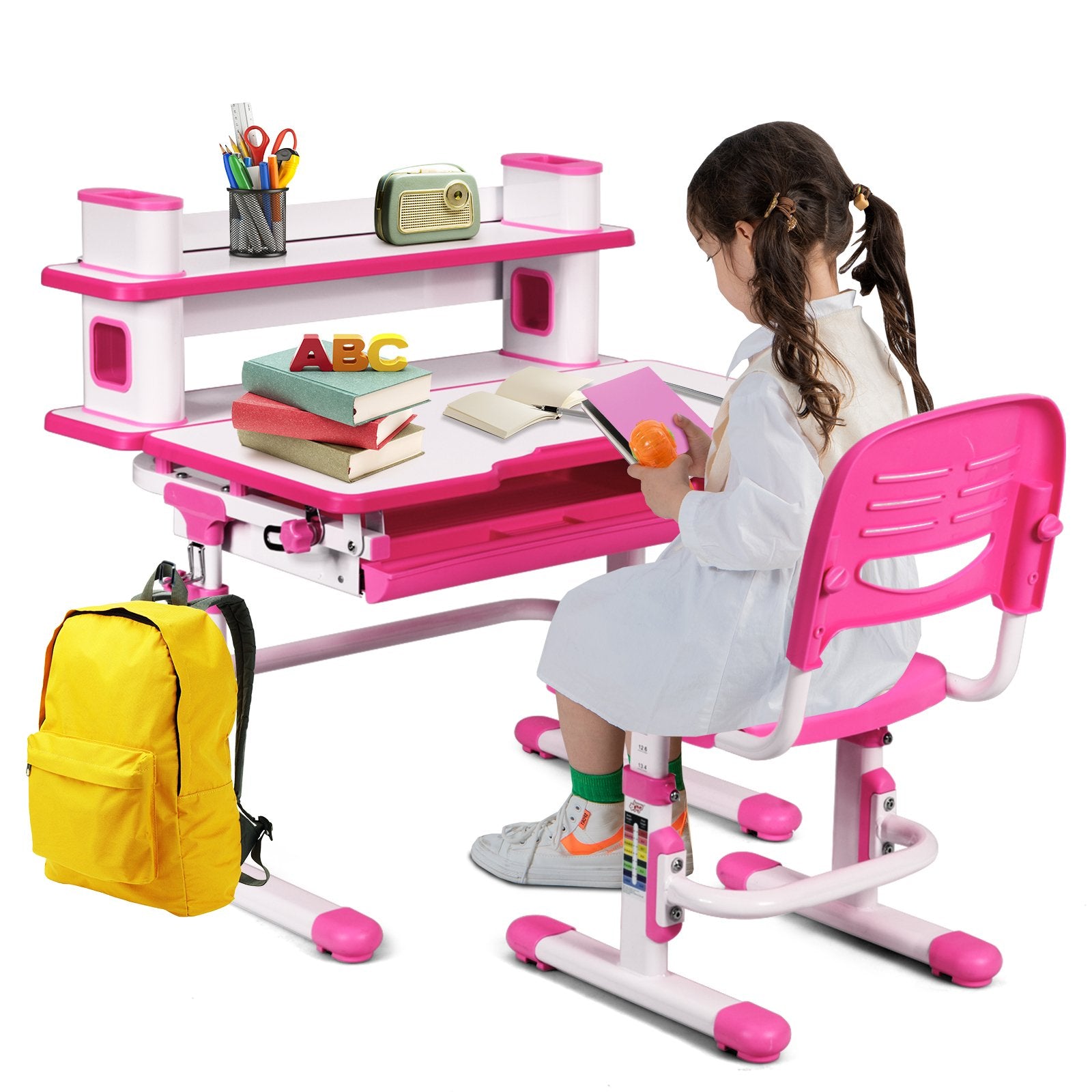Adjustable Kids Desk and Chair Set with Bookshelf and Tilted Desktop, Pink at Gallery Canada