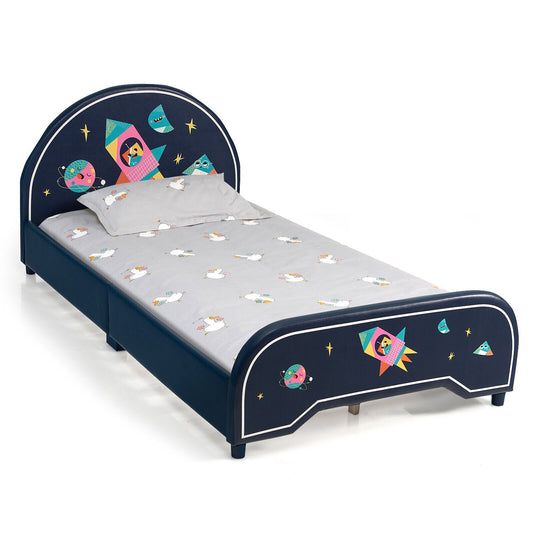 Kids Twin Size Upholstered Platform Bed with Rocket Pattern, Dark Blue at Gallery Canada