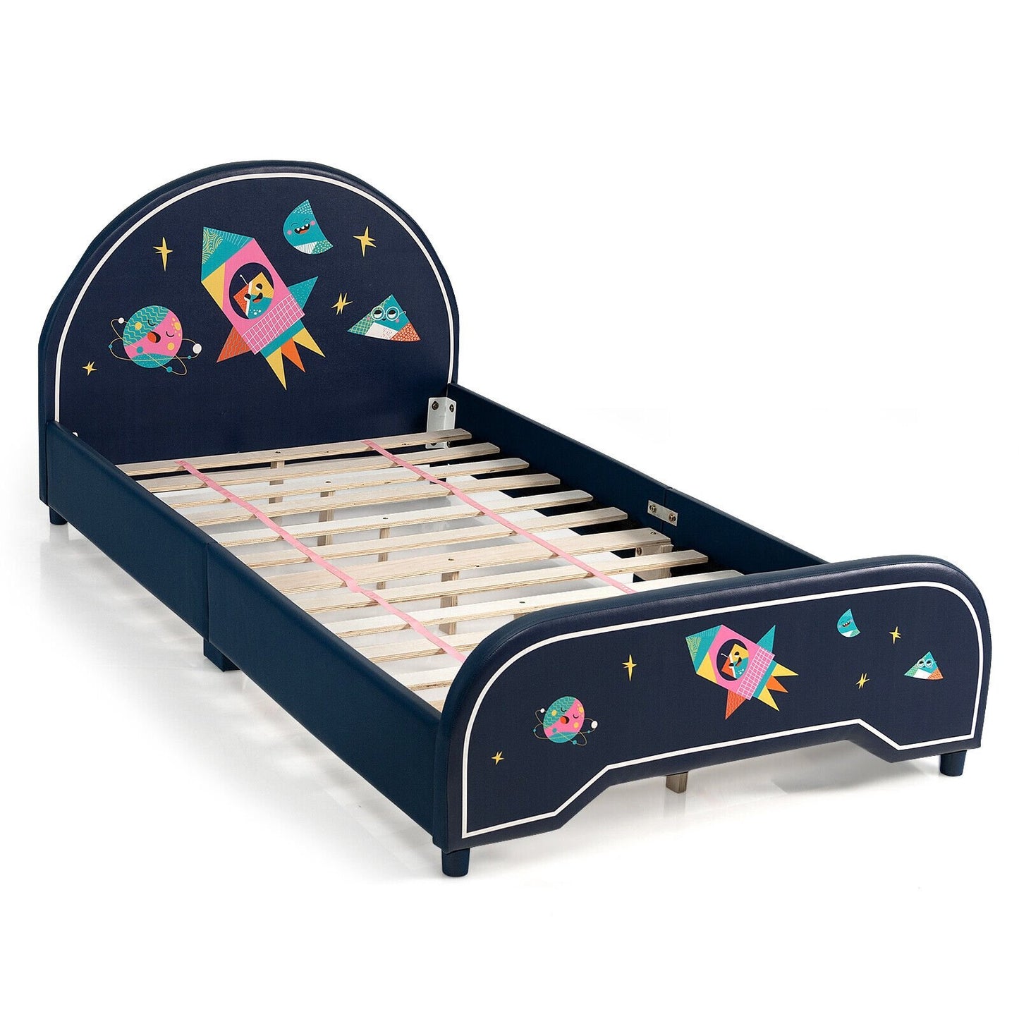 Kids Twin Size Upholstered Platform Bed with Rocket Pattern, Dark Blue