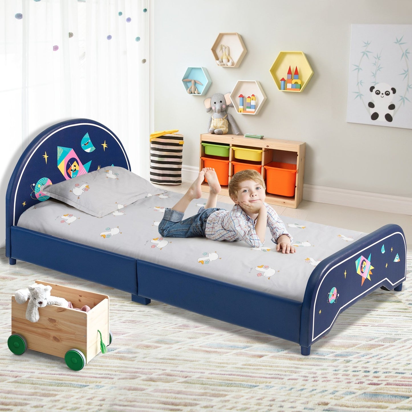 Kids Twin Size Upholstered Platform Bed with Rocket Pattern, Dark Blue