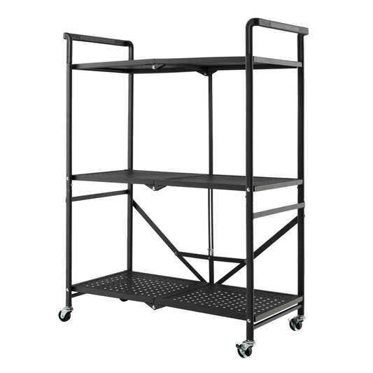 3-Tier Folding Utility Cart with 2 Lockable Casters, Black