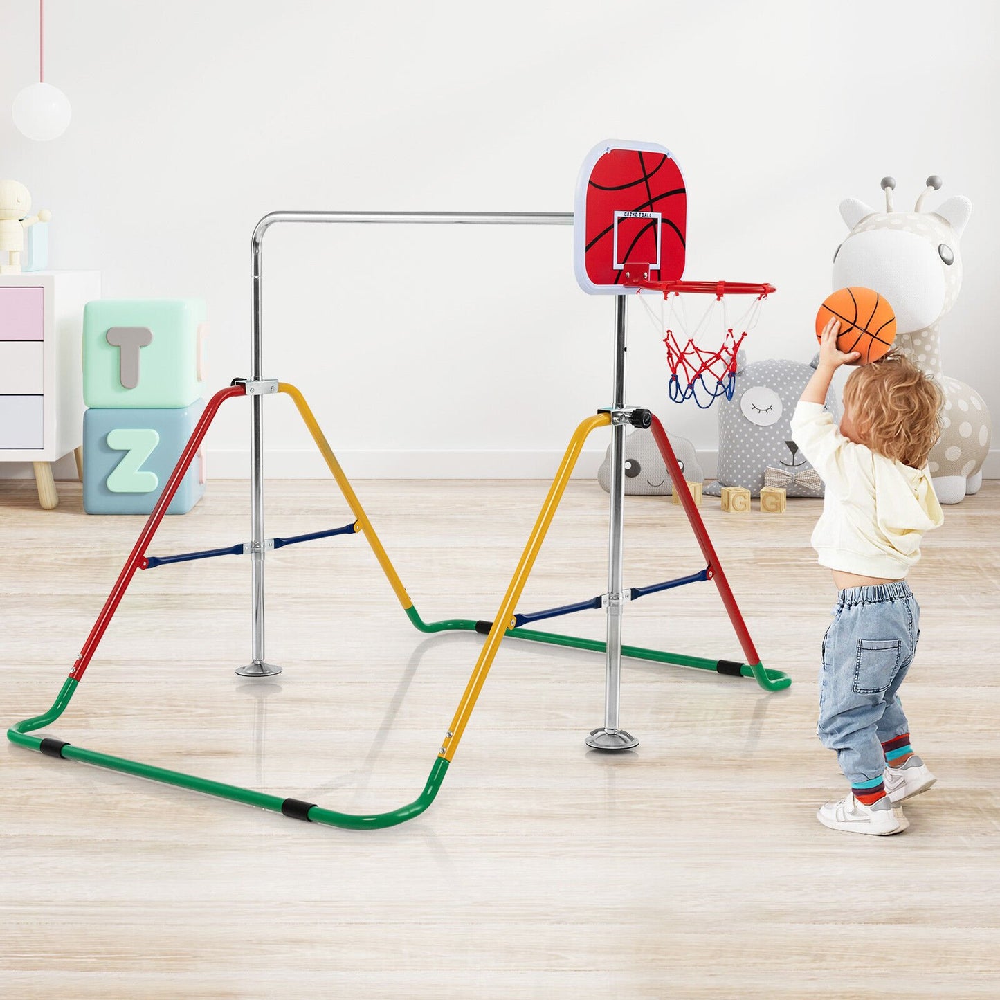 Kids Folding Horizontal Bar with 4 Adjustable Heights, Multicolor