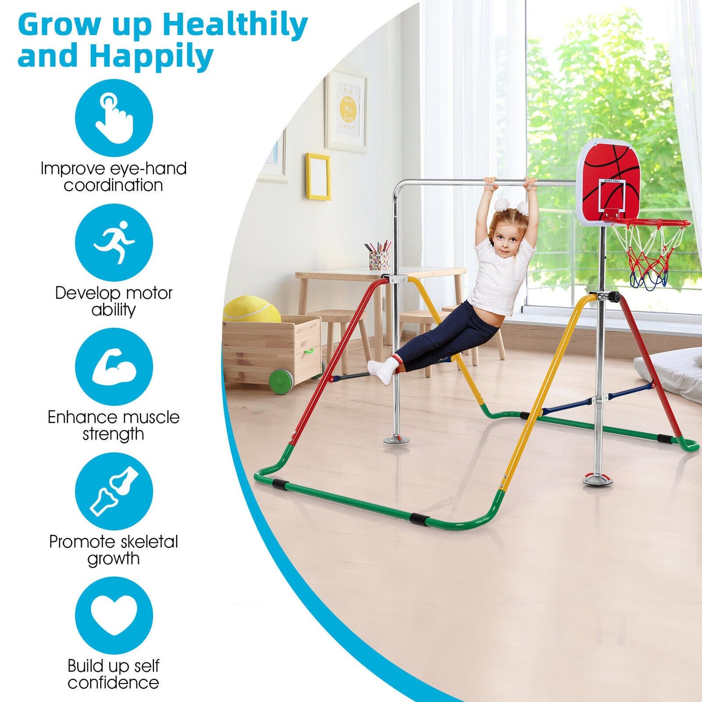 Kids Folding Horizontal Bar with 4 Adjustable Heights, Multicolor
