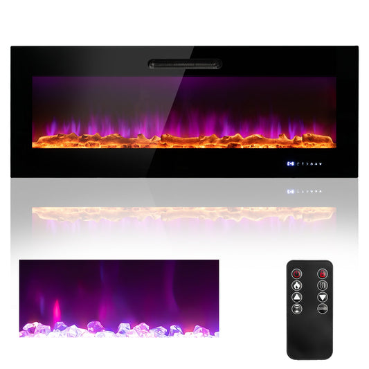 50/60 Inch Wall Mounted Recessed Electric Fireplace with Decorative Crystal and Log-50 inches, Black