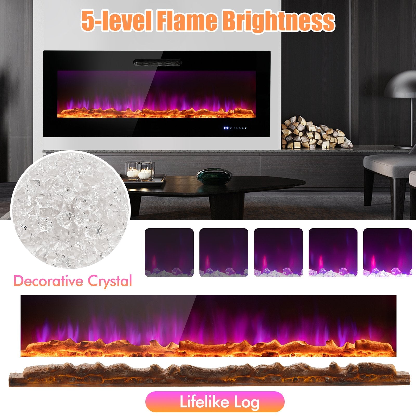 50/60 Inch Wall Mounted Recessed Electric Fireplace with Decorative Crystal and Log-50 inches, Black at Gallery Canada