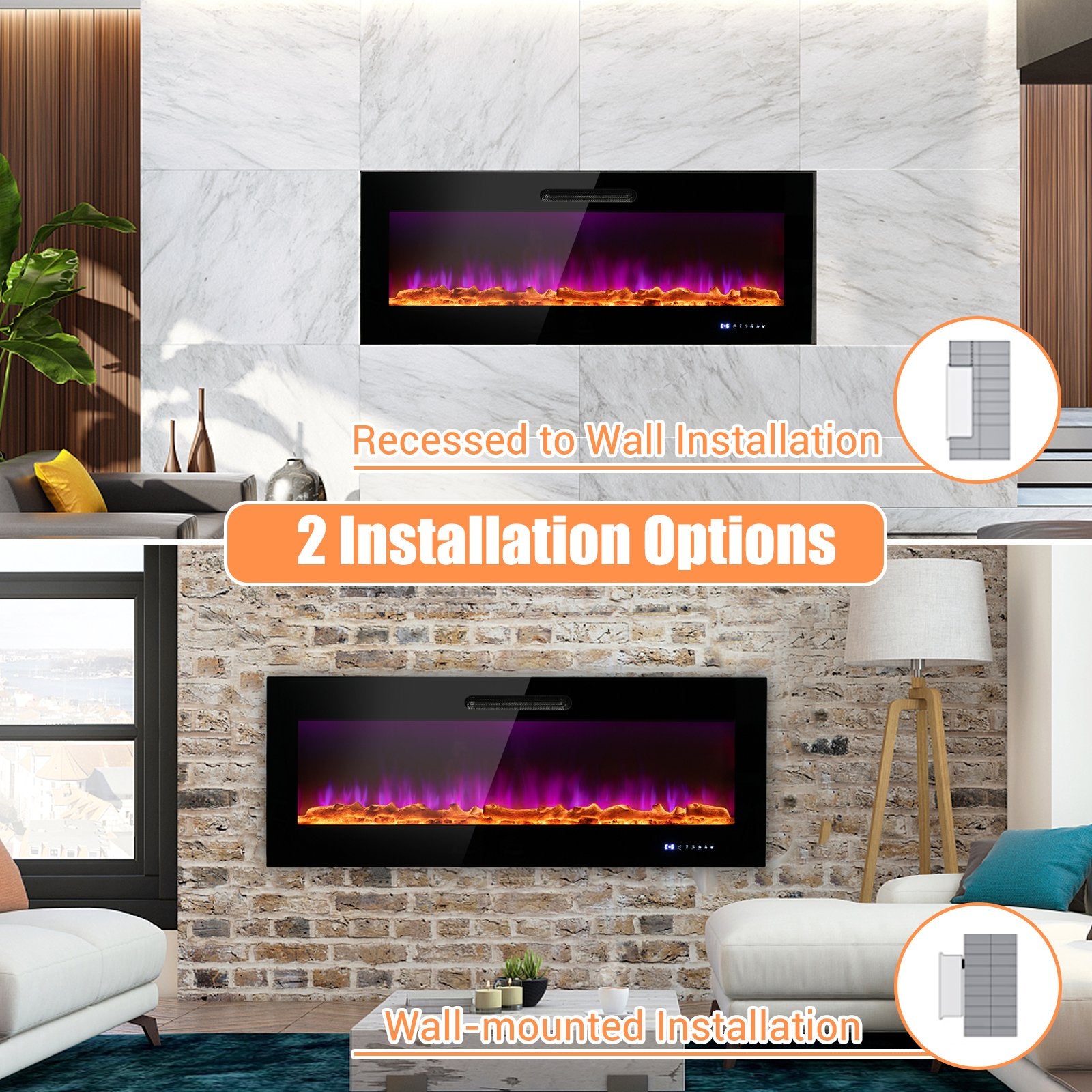 50/60 Inch Wall Mounted Recessed Electric Fireplace with Decorative Crystal and Log-50 inches, Black at Gallery Canada