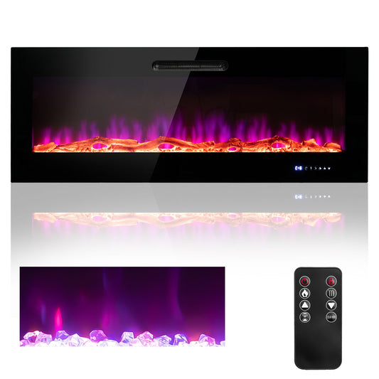 50/60 Inch Wall Mounted Recessed Electric Fireplace with Decorative Crystal and Log-60 inches, Black