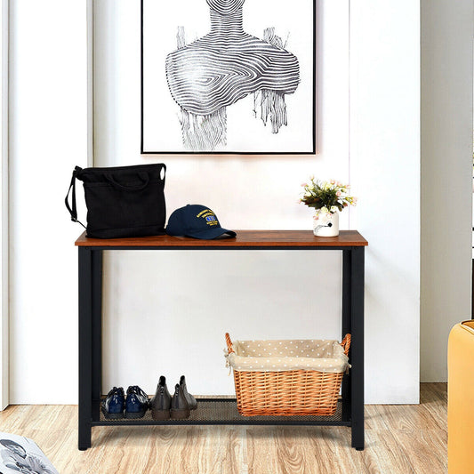 Metal Frame Wood Console Sofa Table with Storage Shelf, Black Console Tables Black at Gallery Canada