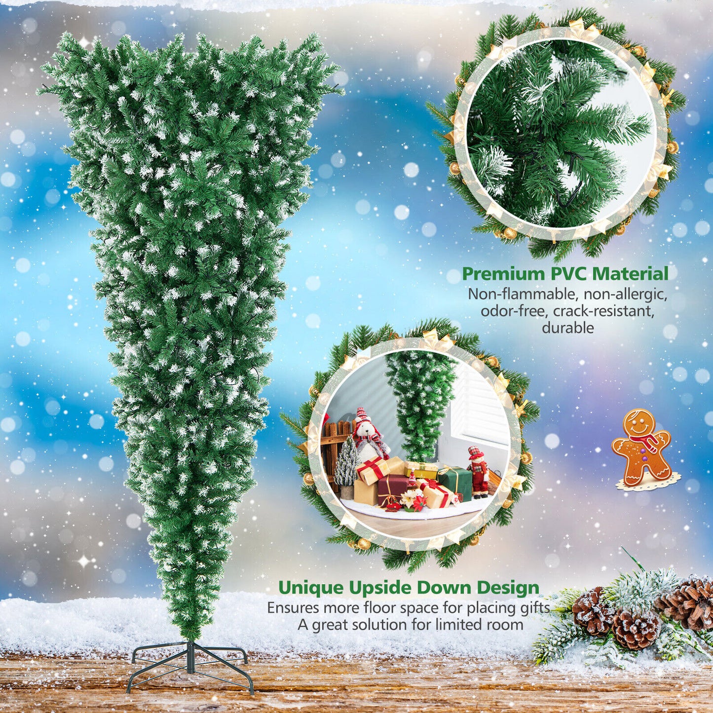 7.5 Feet Pre-Lit Snowy Upside Down Christmas Tree, 1100 Tips, Green Christmas Tree at Gallery Canada