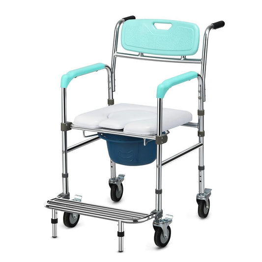 Aluminum Medical Transport Commode Wheelchair Shower Chair, Turquoise