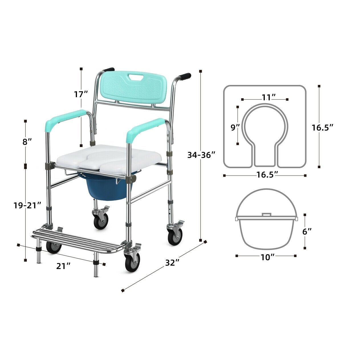 Aluminum Medical Transport Commode Wheelchair Shower Chair, Turquoise