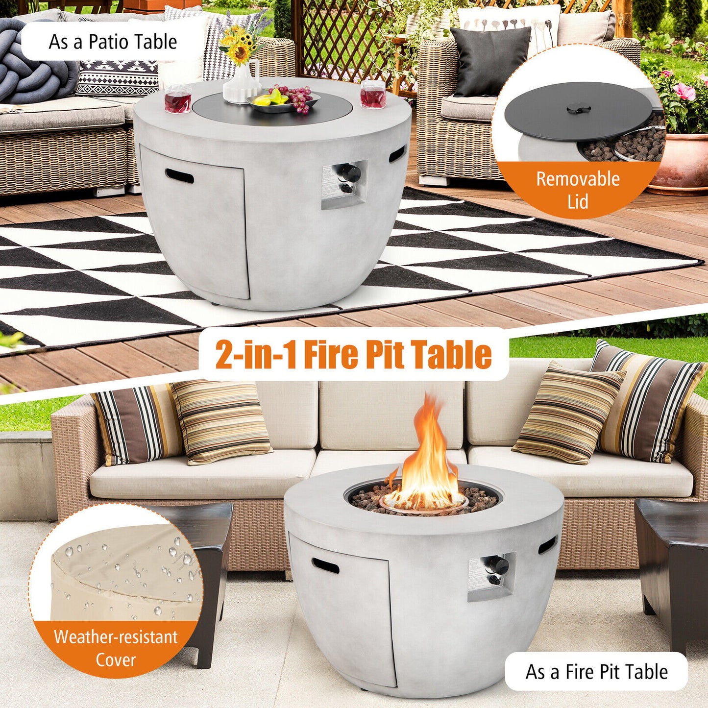 36 Inch Round Concrete Propane Fire Pit Table with Lava Rocks PVC Cover 50000 BTU, Gray at Gallery Canada