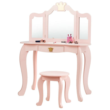Kids Makeup Dressing Table with Tri-folding Mirror and Stool, Pink