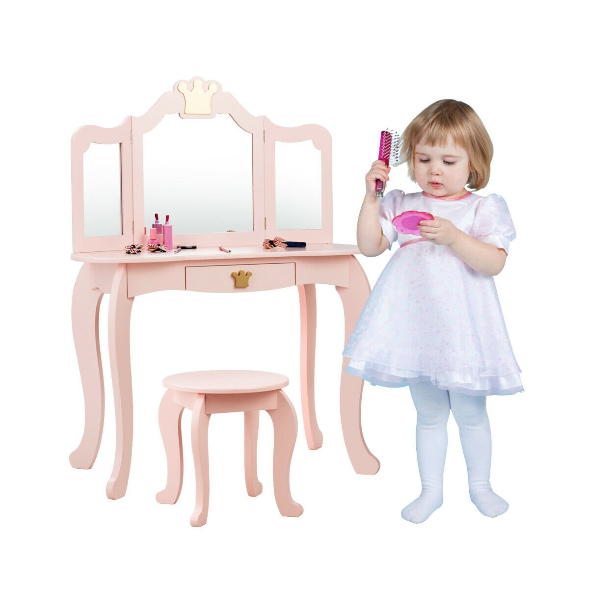 Kids Makeup Dressing Table with Tri-folding Mirror and Stool, Pink