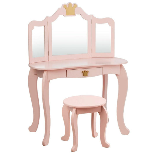 Kids Makeup Dressing Table with Tri-folding Mirror and Stool, Pink at Gallery Canada
