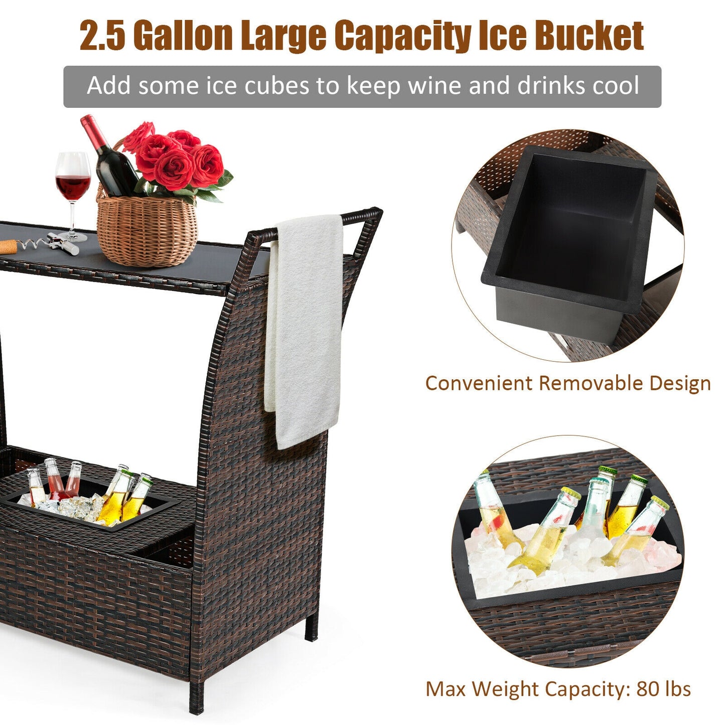 Patio Rattan Bar Serving Cart with Glass Top and Handle, Brown Patio Bar Furniture at Gallery Canada