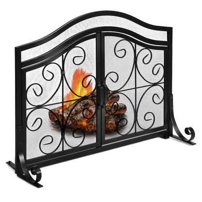 Fireplace Screen with Hinged Magnetic Two-doors Flat Guard, Black at Gallery Canada