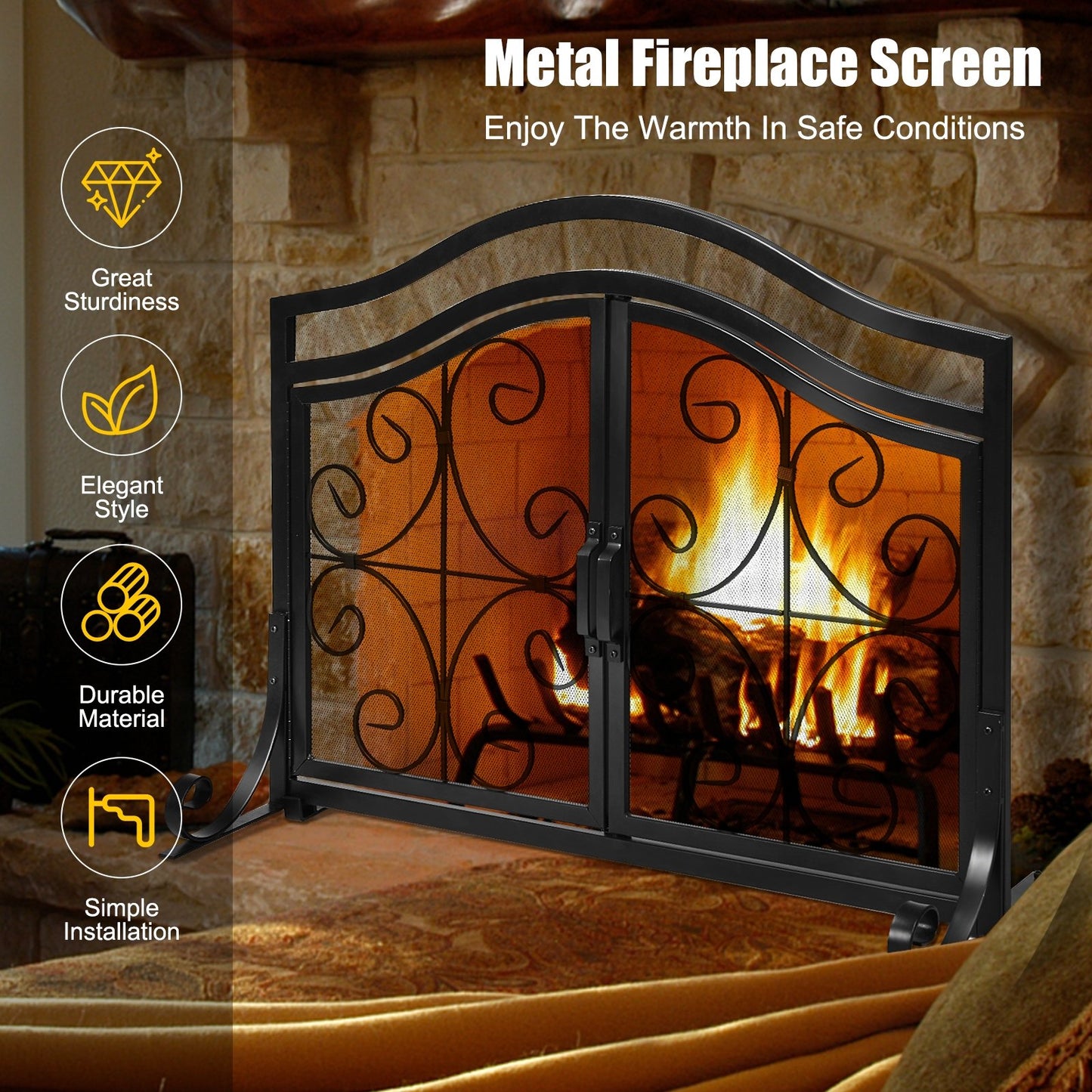 Fireplace Screen with Hinged Magnetic Two-doors Flat Guard, Black at Gallery Canada