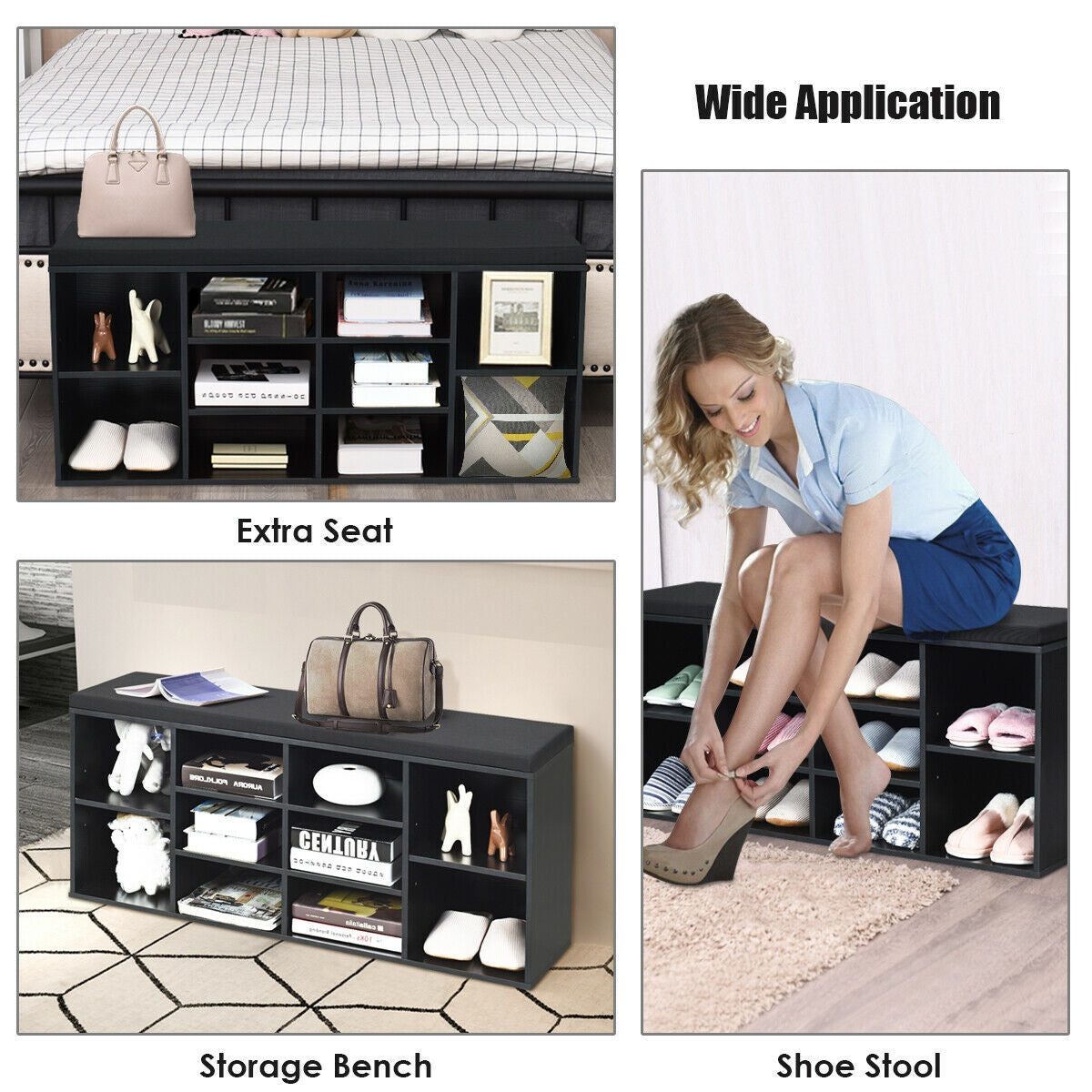 10-Cube Organizer Entryway Padded Shoe Storage Bench, Black Shoe Racks & Storage Benches at Gallery Canada