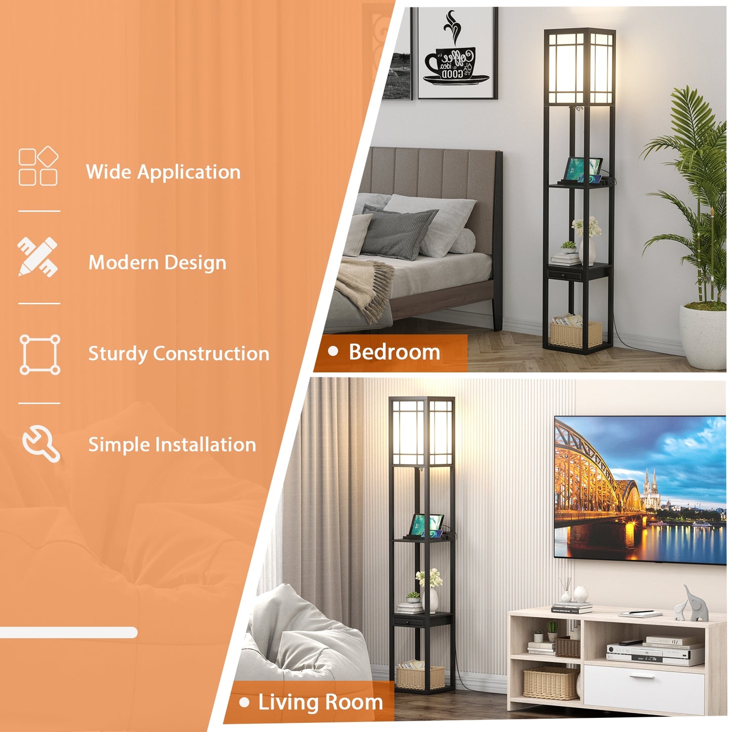 Modern Floor Lamp With Shelves And Drawer, Black Table & Floor Lamps at Gallery Canada