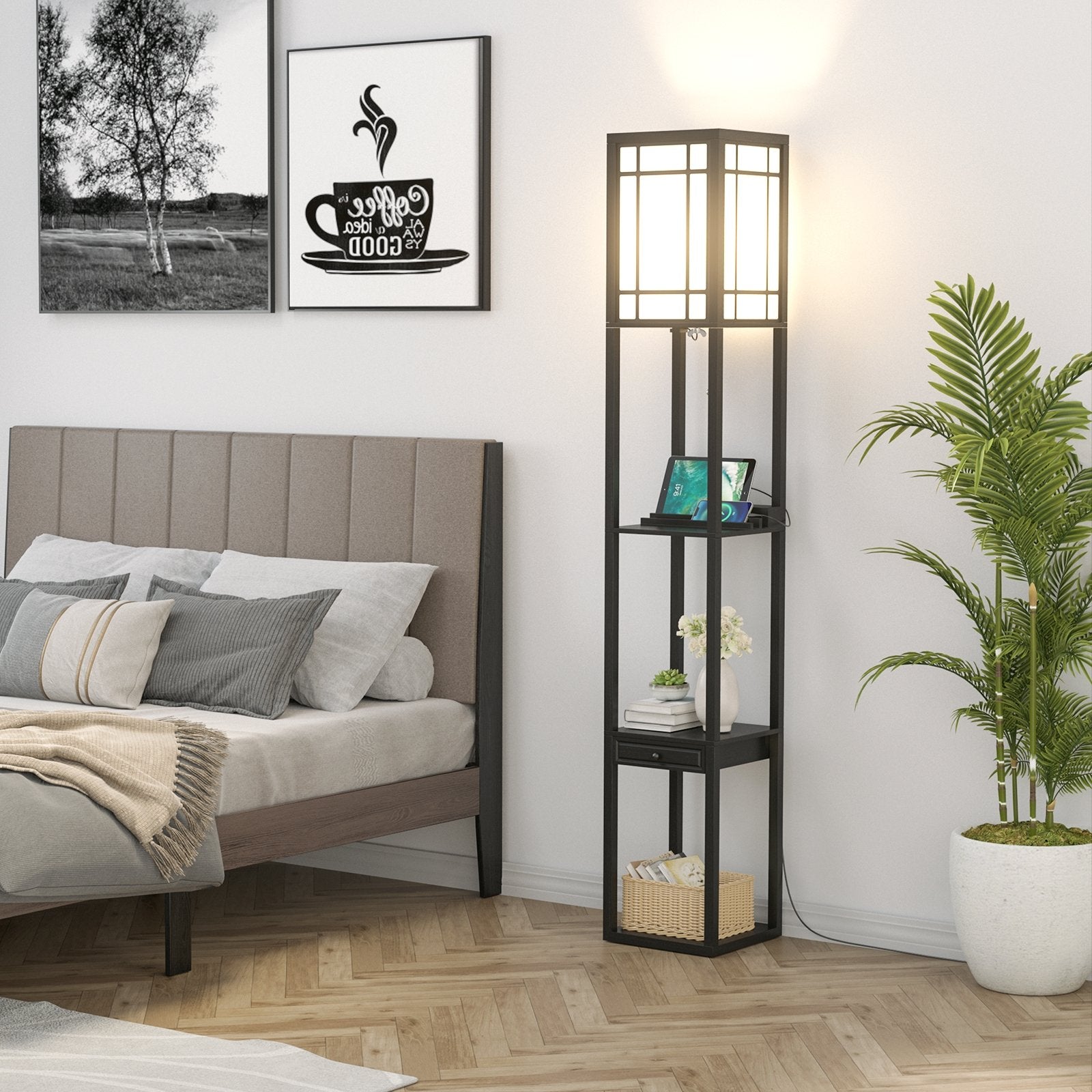 Modern Floor Lamp with Shelves and Drawer, Black at Gallery Canada