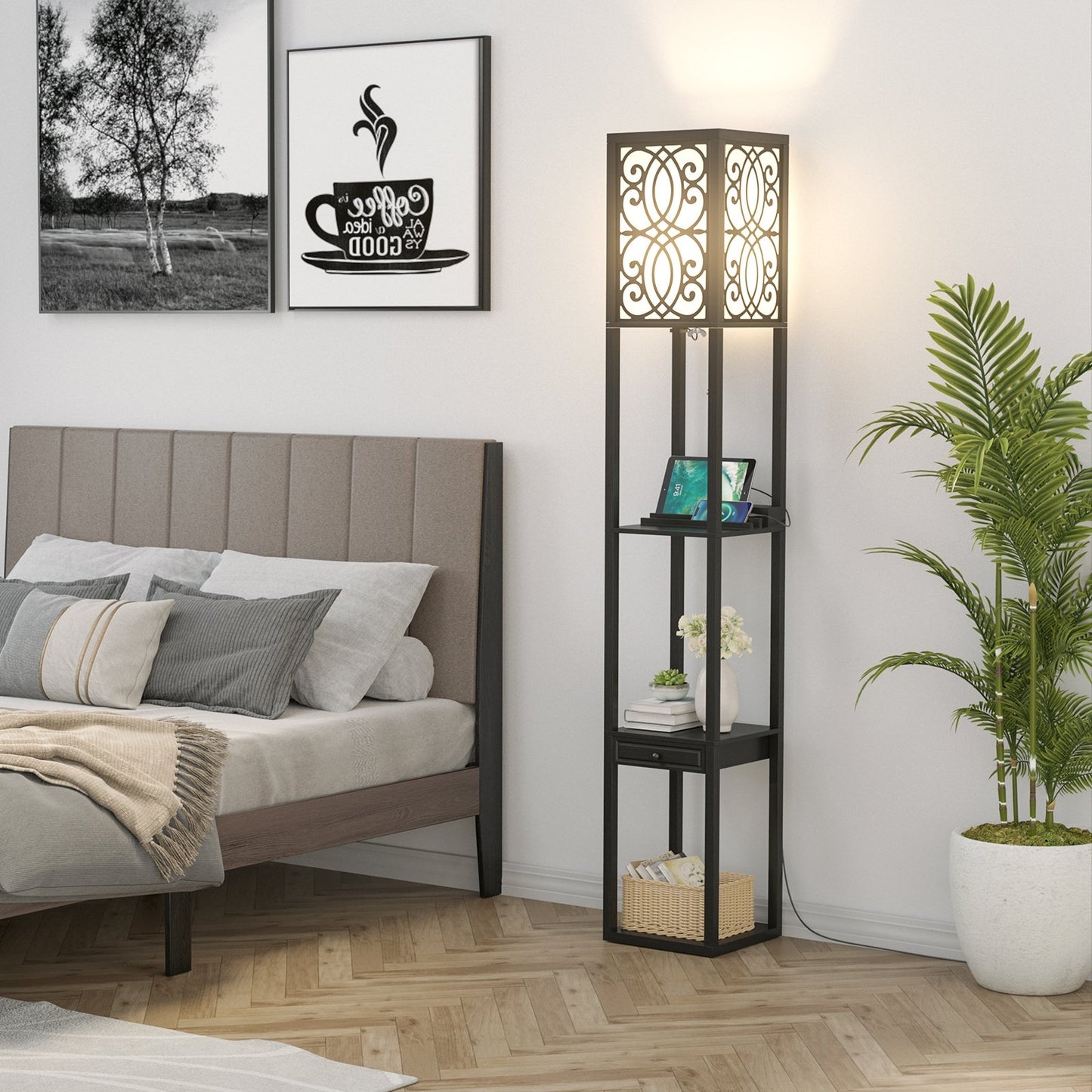Modern  Standing Shelf Lamp with 1 Power Outlet and 2 USB Ports, Black at Gallery Canada