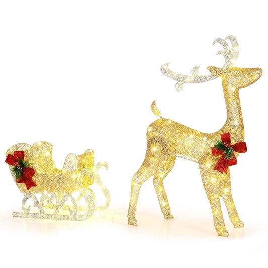 Christmas Reindeer Sleigh Decoration with 100 Lights, Golden