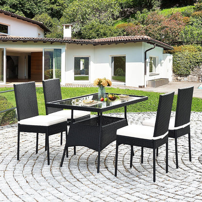 5 Pieces Outdaoor Patio Rattan Dining Set with Glass Top with Cushions, Black