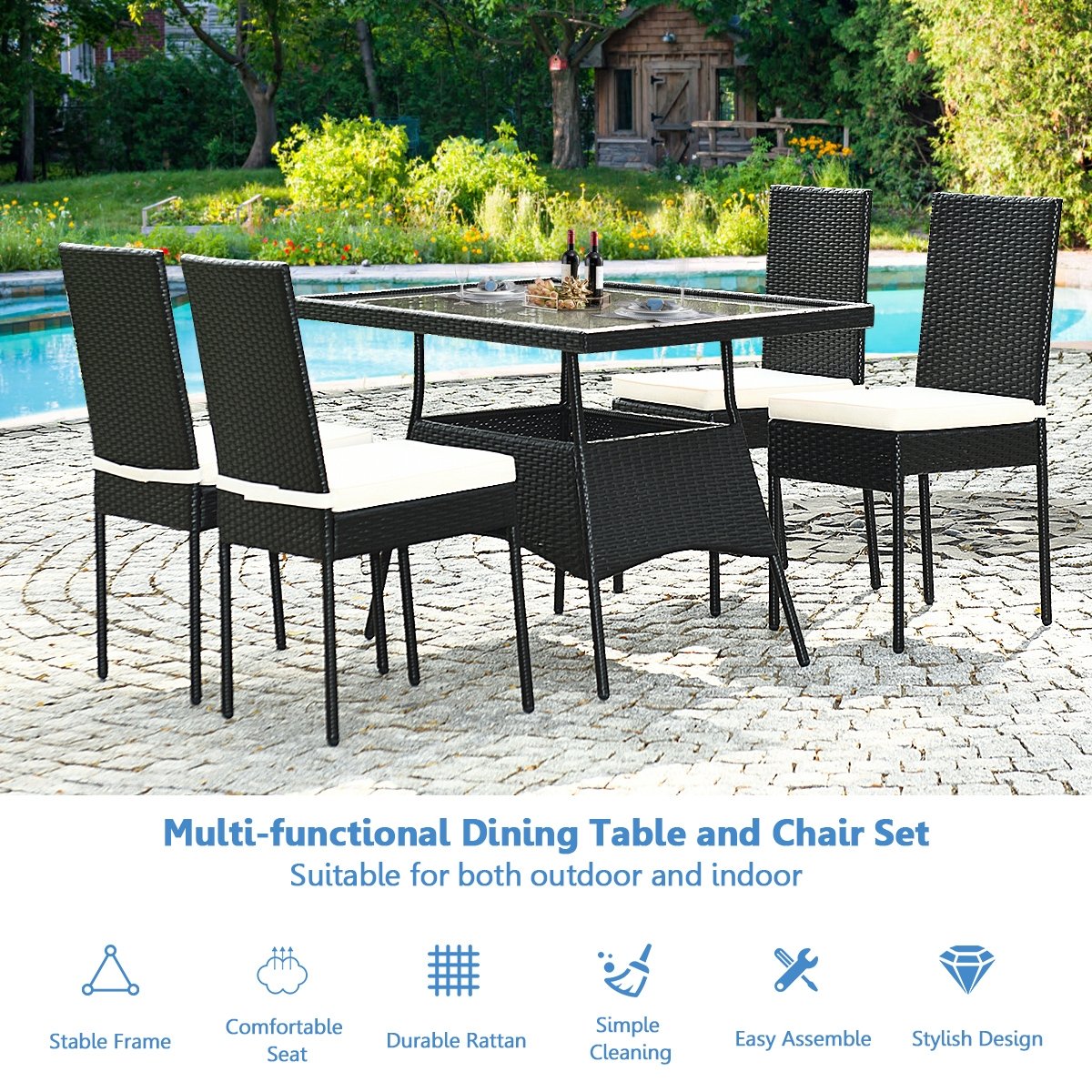 5 Pieces Outdaoor Patio Rattan Dining Set with Glass Top with Cushions, Black