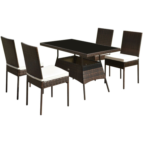 5 Pcs Rattan Dining Set Glass Table High Back Chair, Brown
