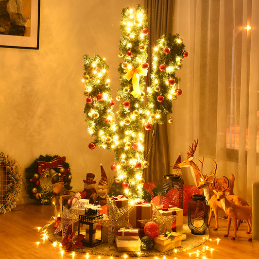 7 Ft Artificial Cactus Christmas Tree, LED Lights, Ball Ornaments, Green Christmas Tree Green at Gallery Canada