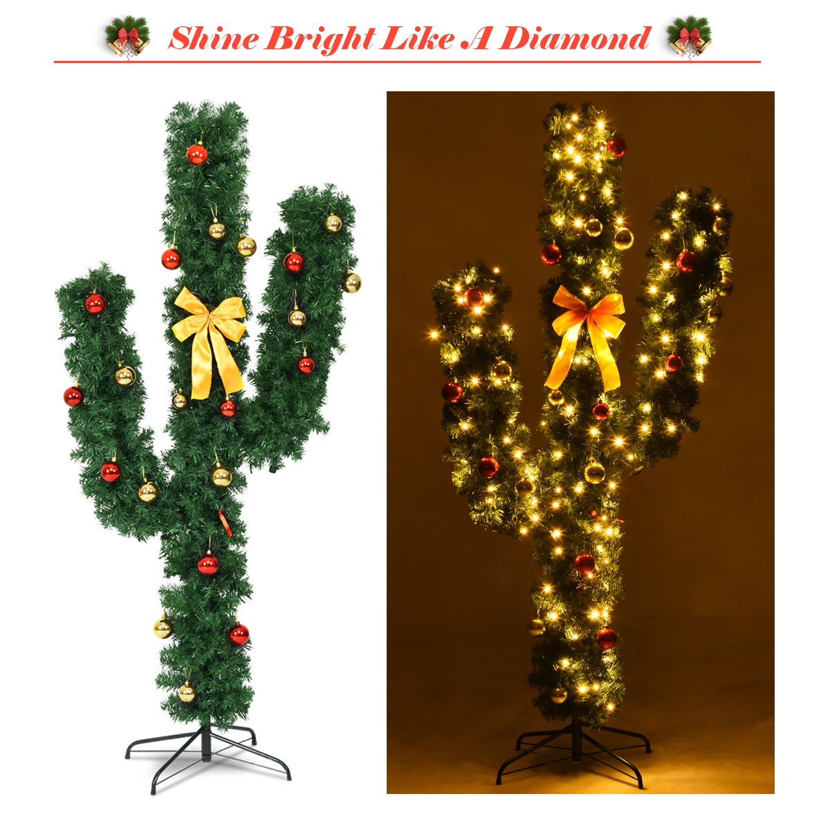 7 Feet Artificial Cactus PVC Christmas Tree with LED Lights and Ball Ornaments-7 ft, Green Christmas Tree at Gallery Canada