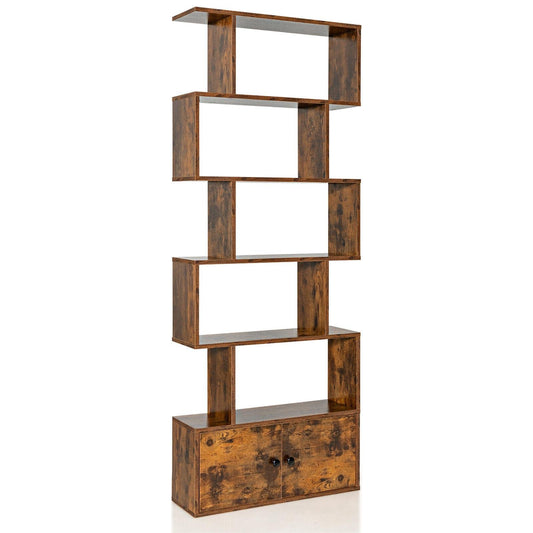6-Tier S-Shaped Freestanding Bookshelf with Cabinet and Doors, Coffee