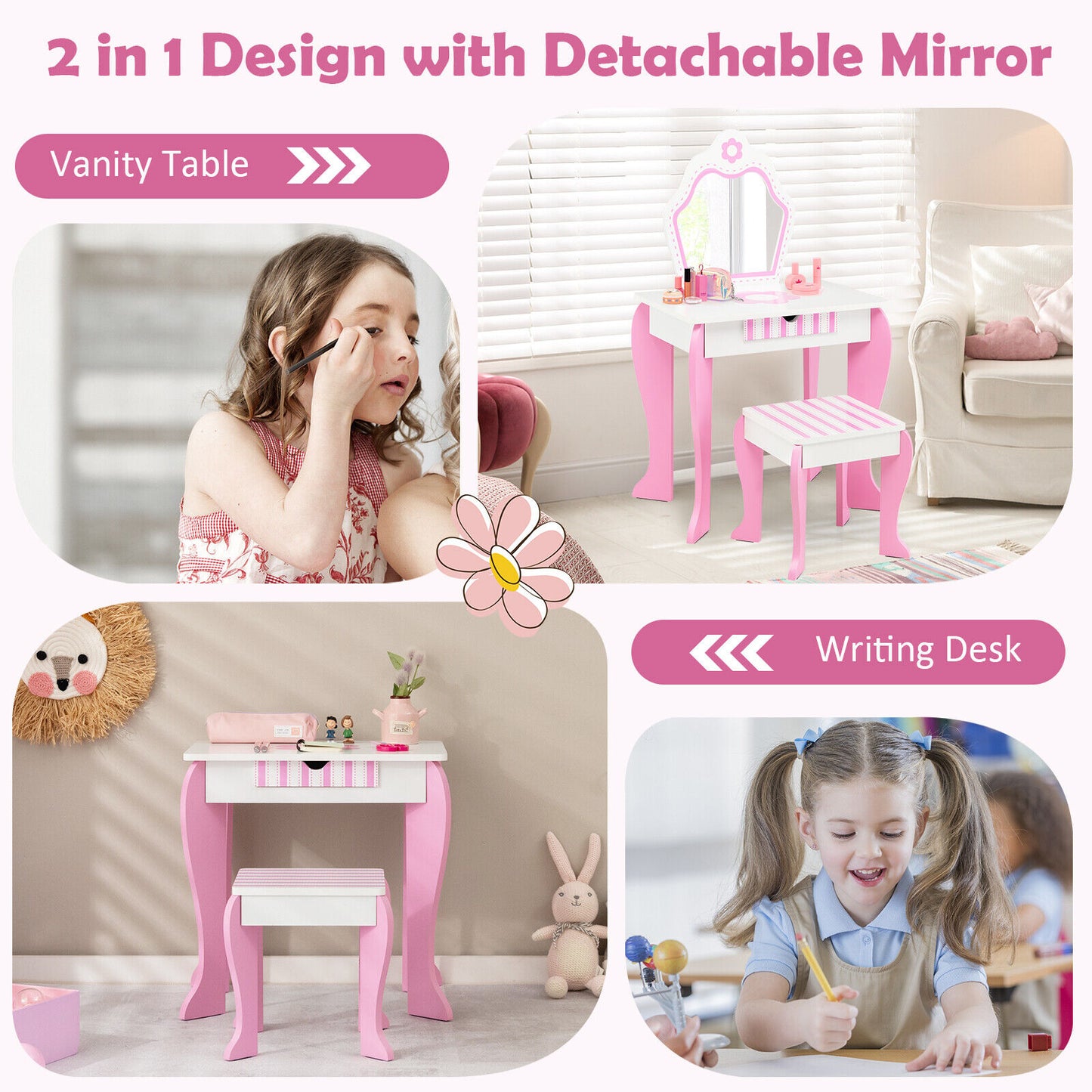 2-in-1 Toddler Vanity Set with Detachable Top and Cute Flower Patterns, White Kids Vanities at Gallery Canada