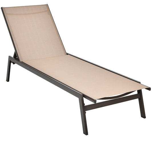 Outdoor Reclining Chaise Lounge Chair with 6-Position Adjustable Back, Brown