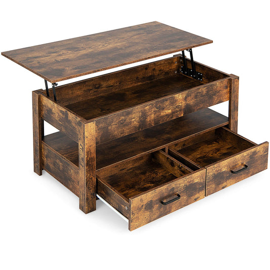 Lift Top Coffee Table with 2 Storage Drawers and Hidden Compartment, Rustic Brown