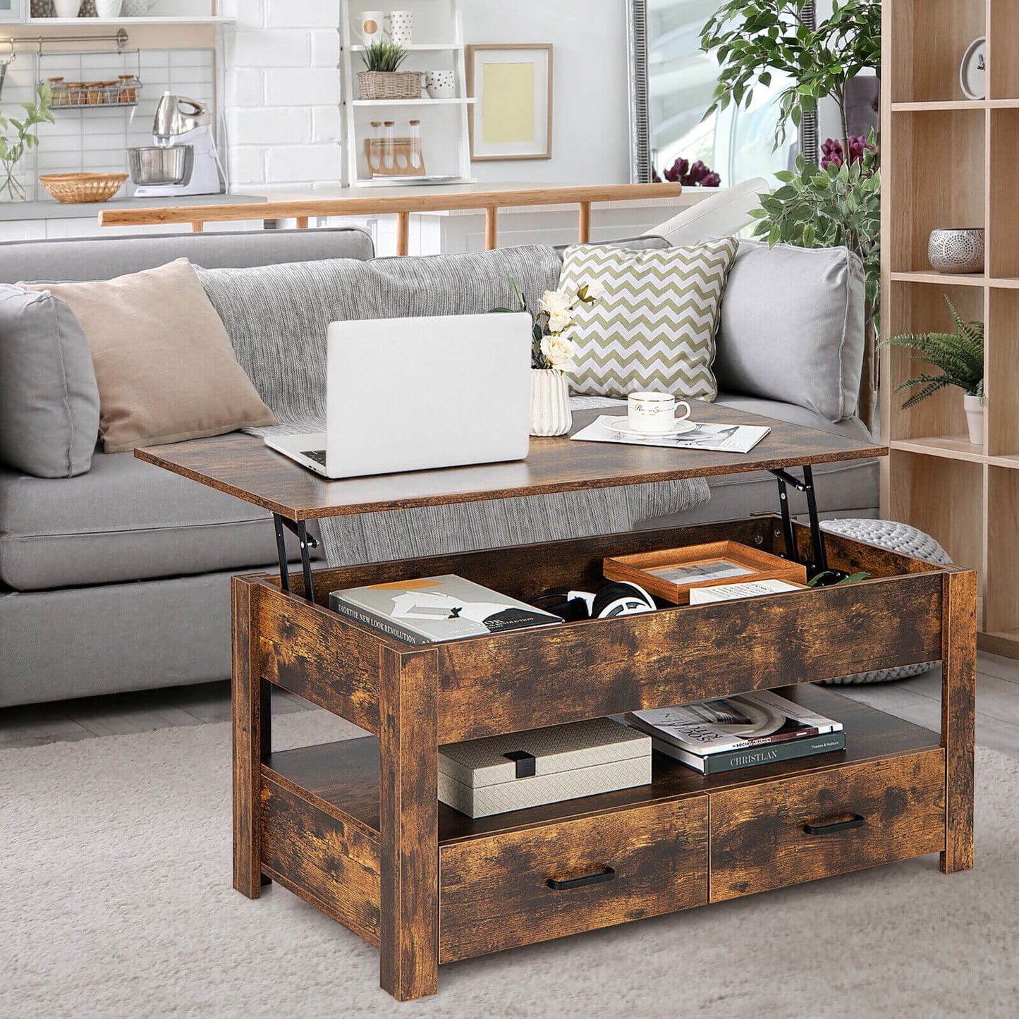 Lift Top Coffee Table with 2 Storage Drawers and Hidden Compartment, Rustic Brown at Gallery Canada