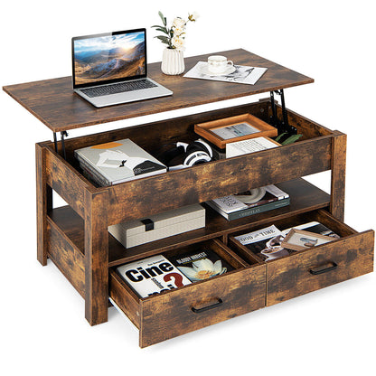 Lift Top Coffee Table with 2 Storage Drawers and Hidden Compartment, Rustic Brown at Gallery Canada