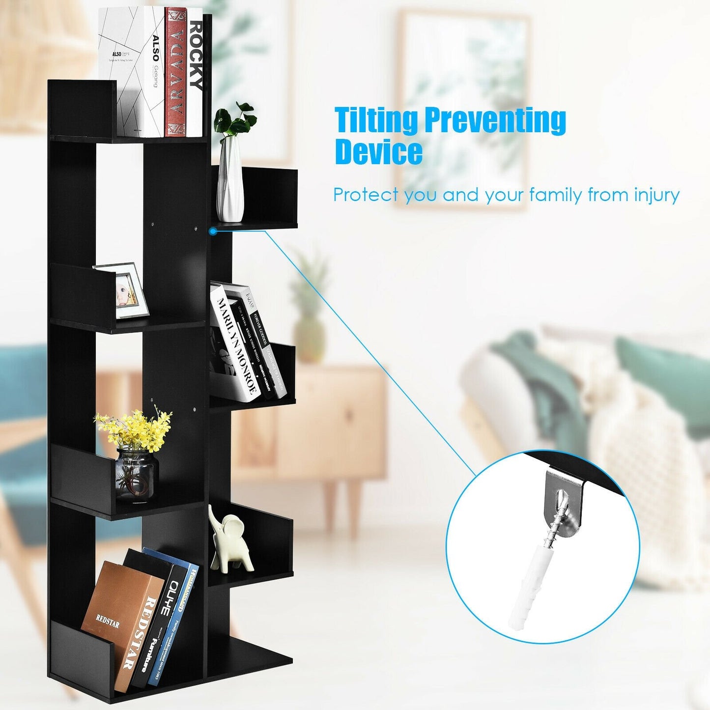8-Tier Bookshelf Bookcase with 8 Open Compartments Space-Saving Storage Rack , Black