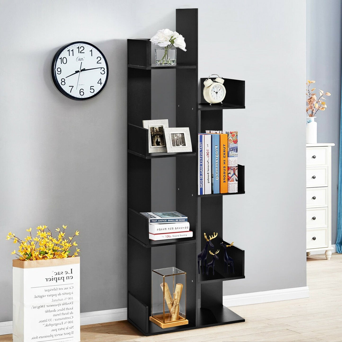 8-Tier Bookshelf Bookcase with 8 Open Compartments Space-Saving Storage Rack , Black