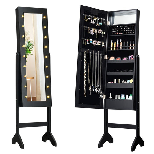 Mirrored Jewelry Cabinet Armoire Organizer w/ LED lights, Black
